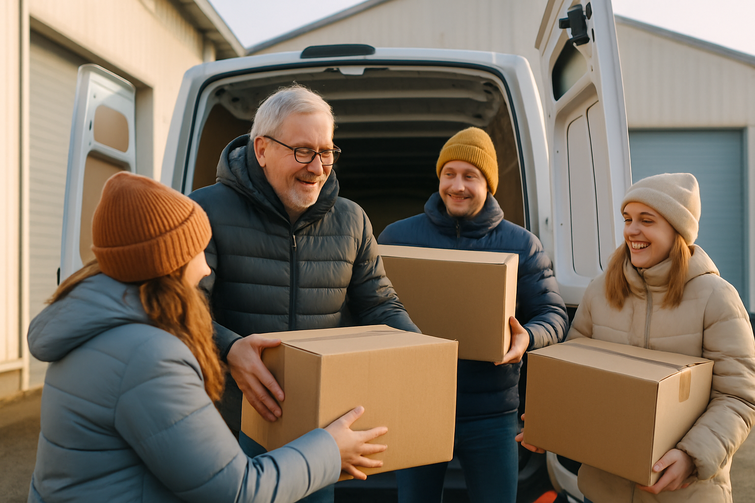 Volunteers loading winter supply boxes into a van