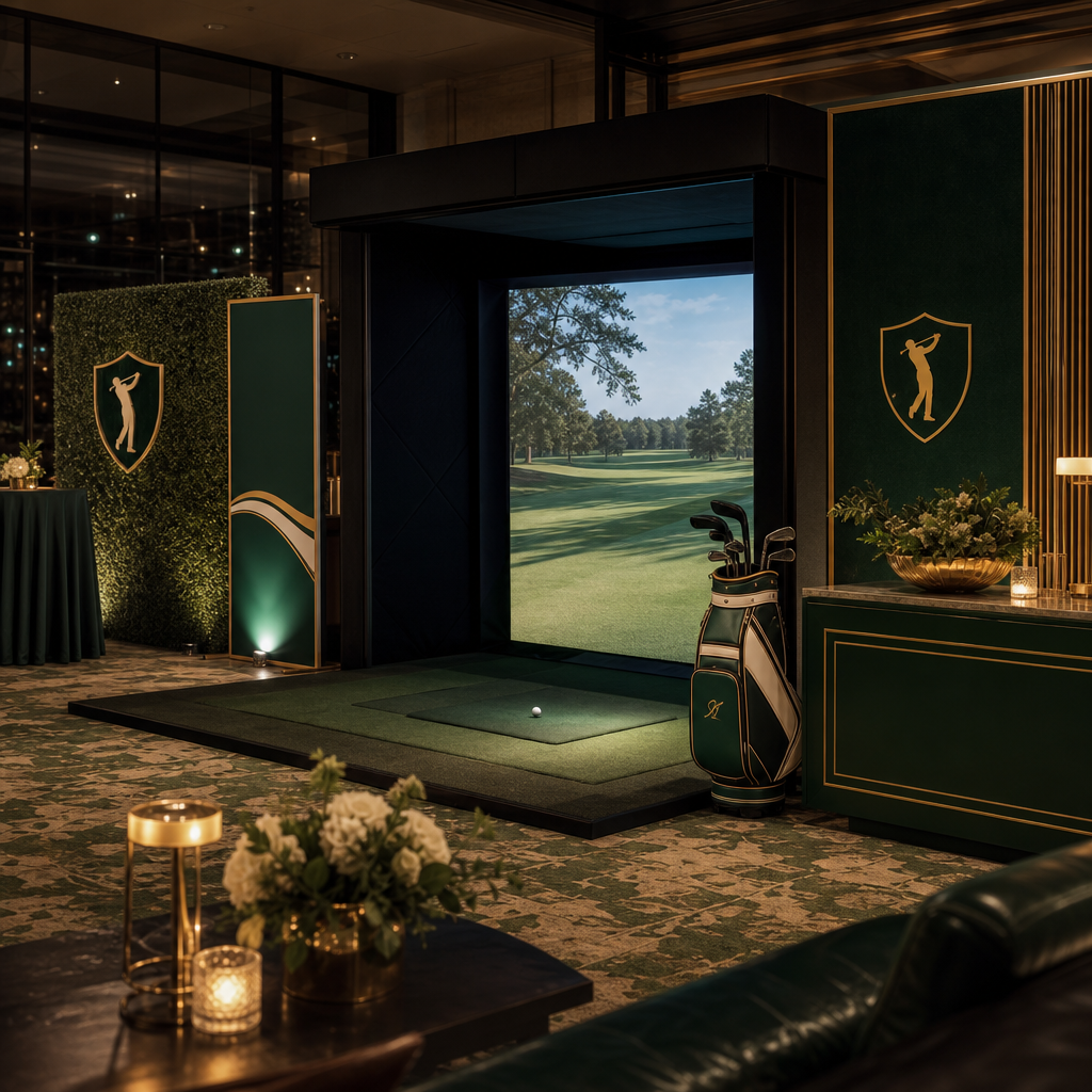 Branded event bay with elegant sponsor signage and a polished simulator setup