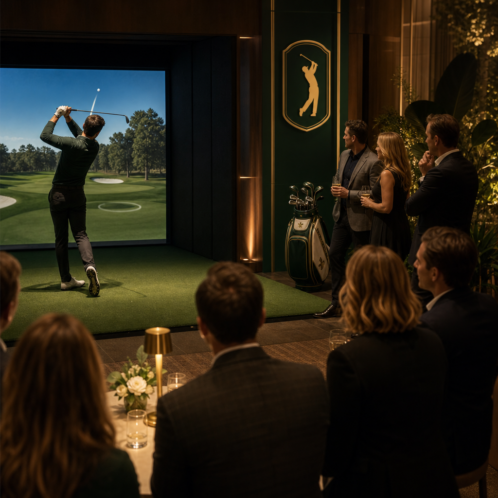 Closest-to-pin challenge with a golfer mid-swing and spectators watching