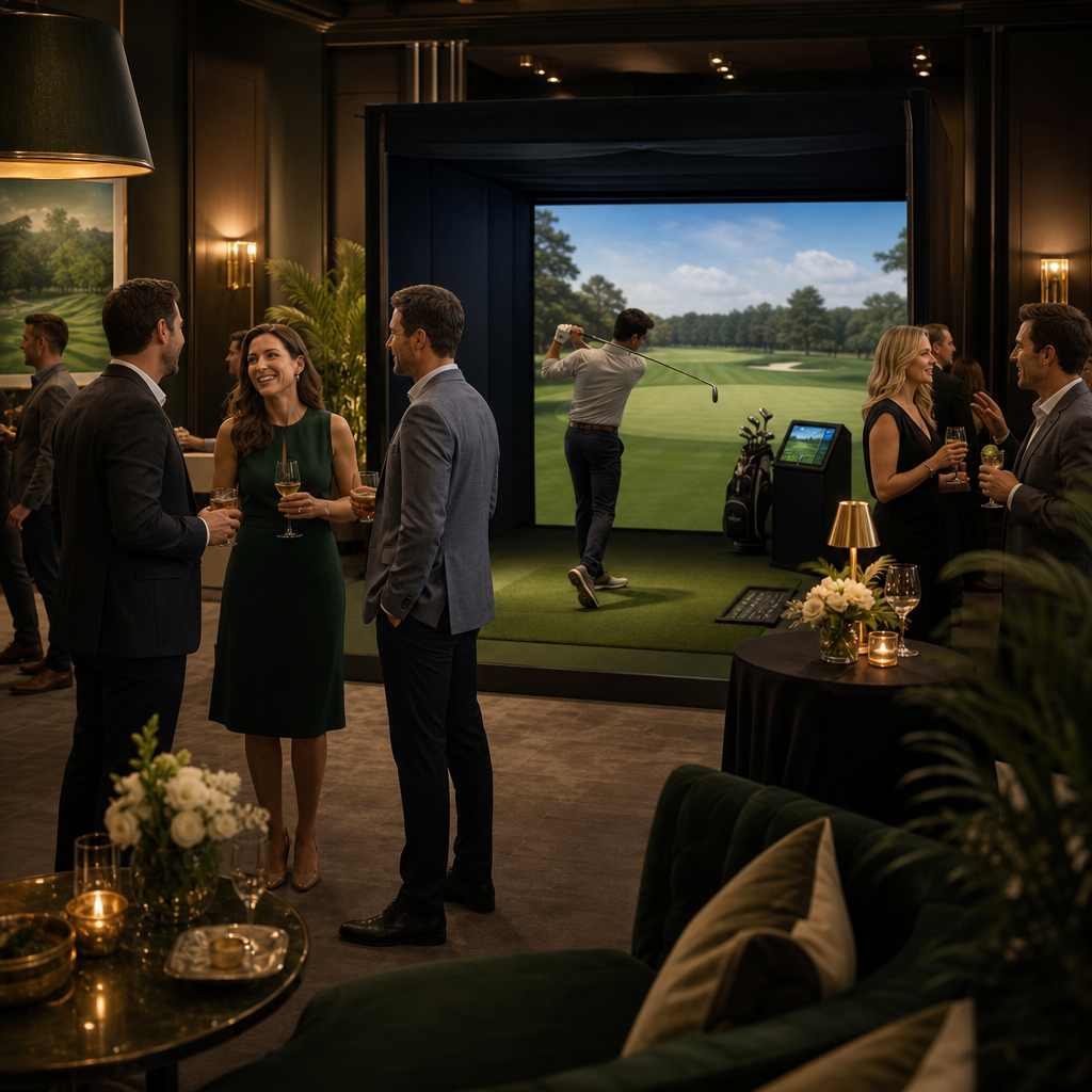 Cocktail-hour activation with guests mingling around the simulator in a stylish indoor venue