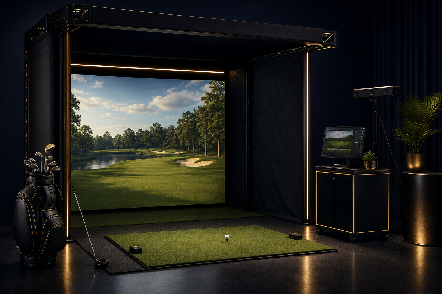 Premium mobile golf simulator rig staged in a dark, polished environment