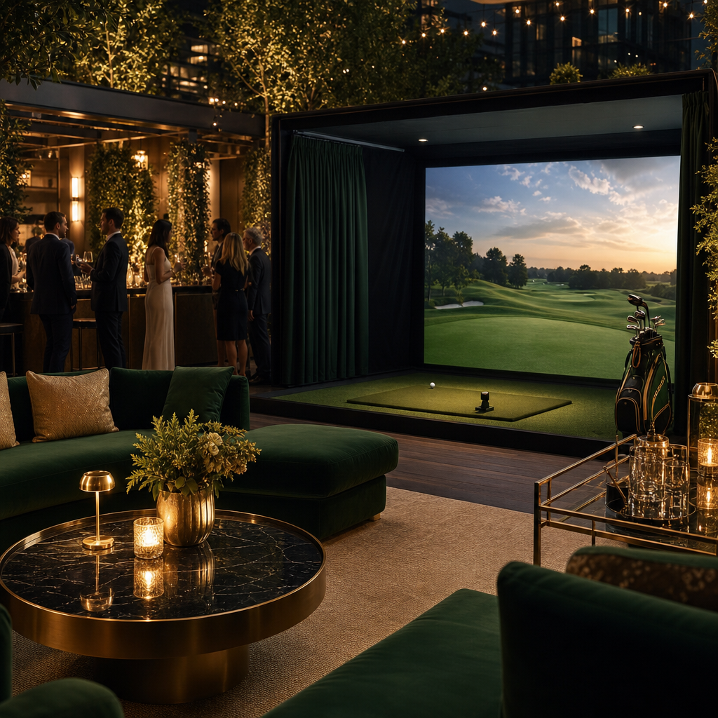 Evening venue setup with warm ambient lighting and a luxury event atmosphere