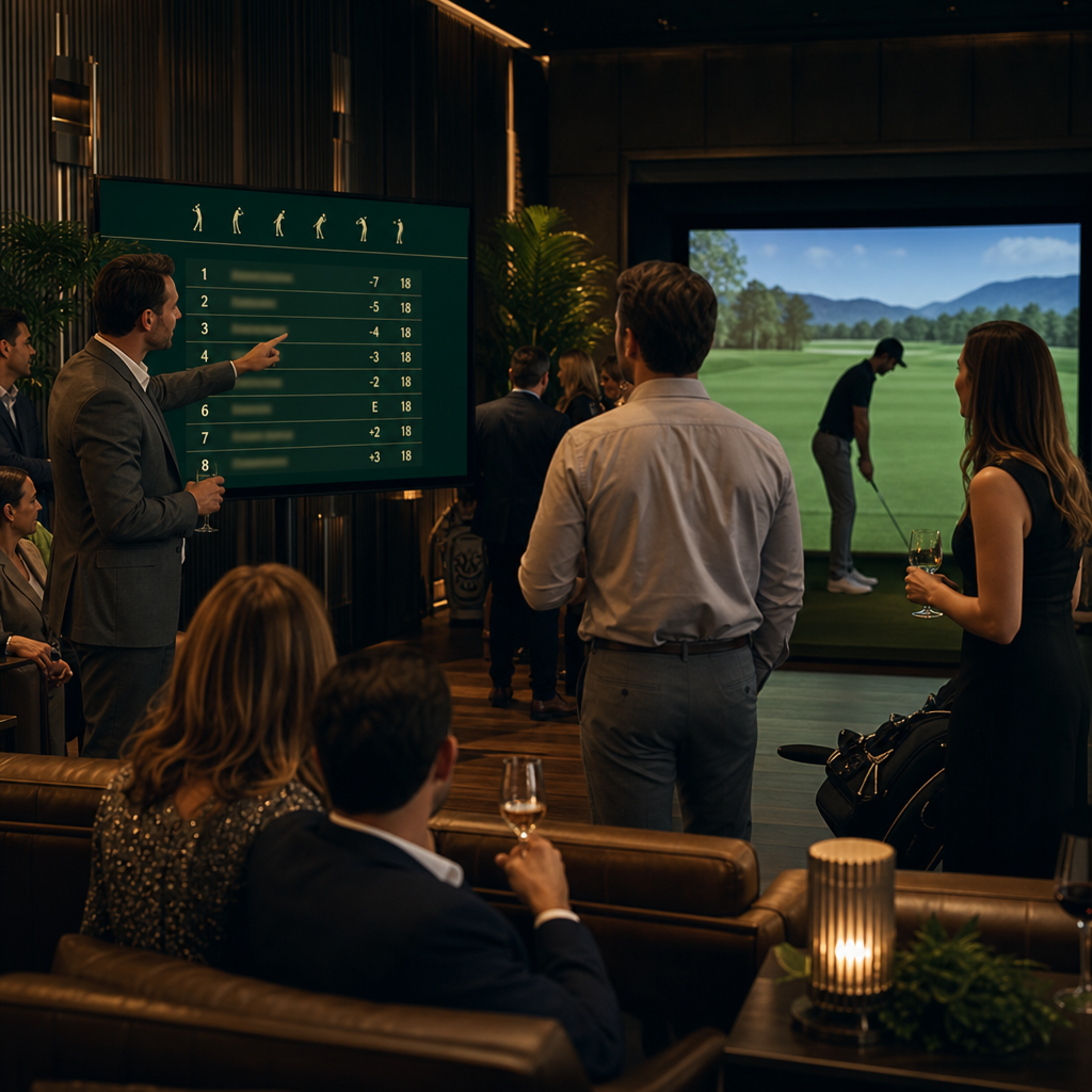 Team competition at a corporate event with guests around a simulator leaderboard