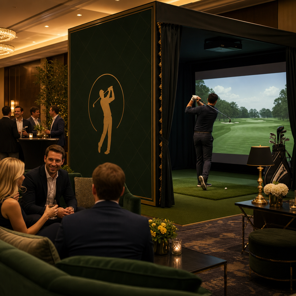 Client entertainment in a premium VIP event bay with branded backdrop and lounge seating