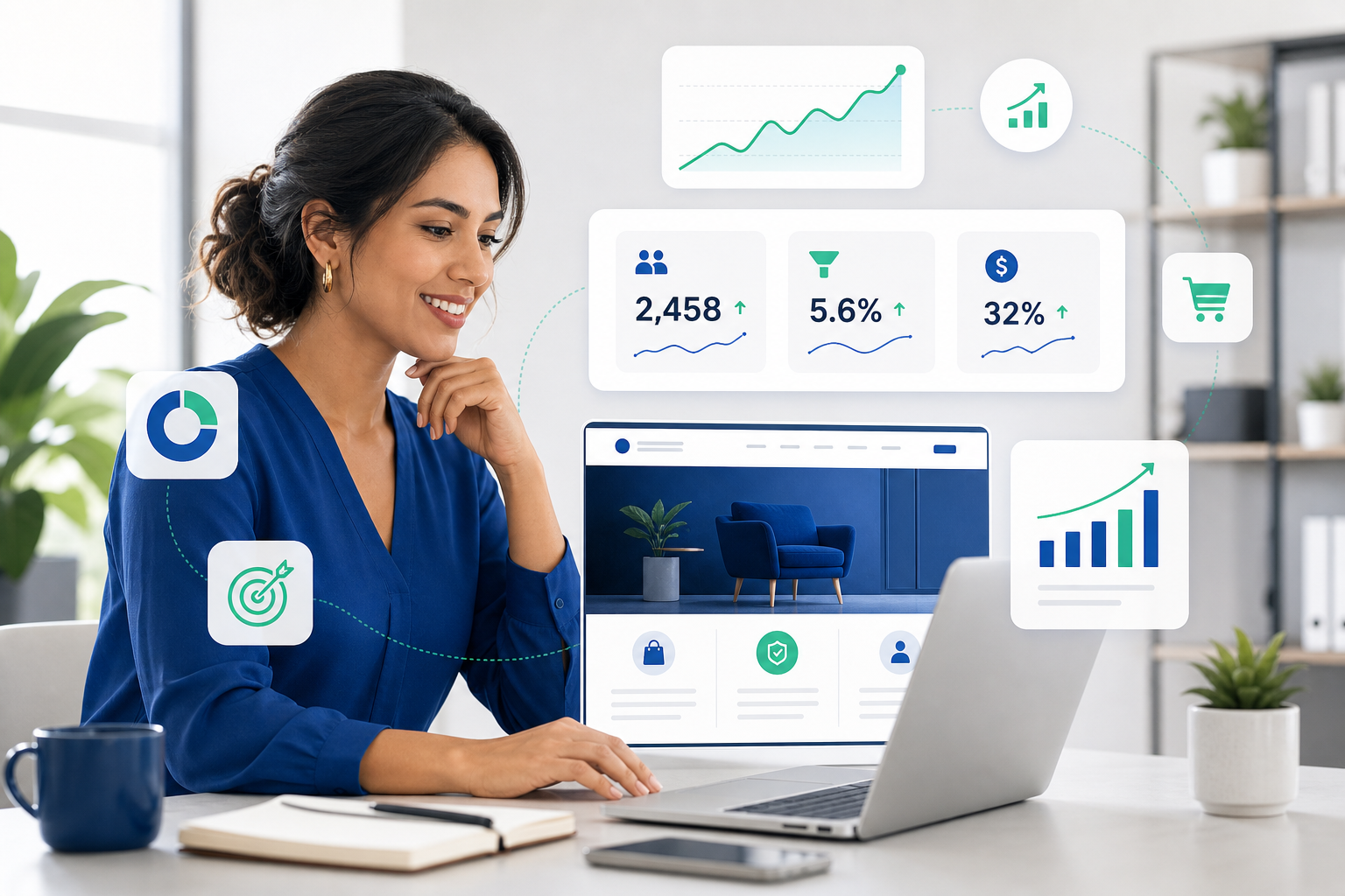 Ilustración moderna de una emprendedora revisando un panel de resultados digitales en una laptop, con gráficos de crecimiento y elementos tecnológicos en tonos azules y verdes