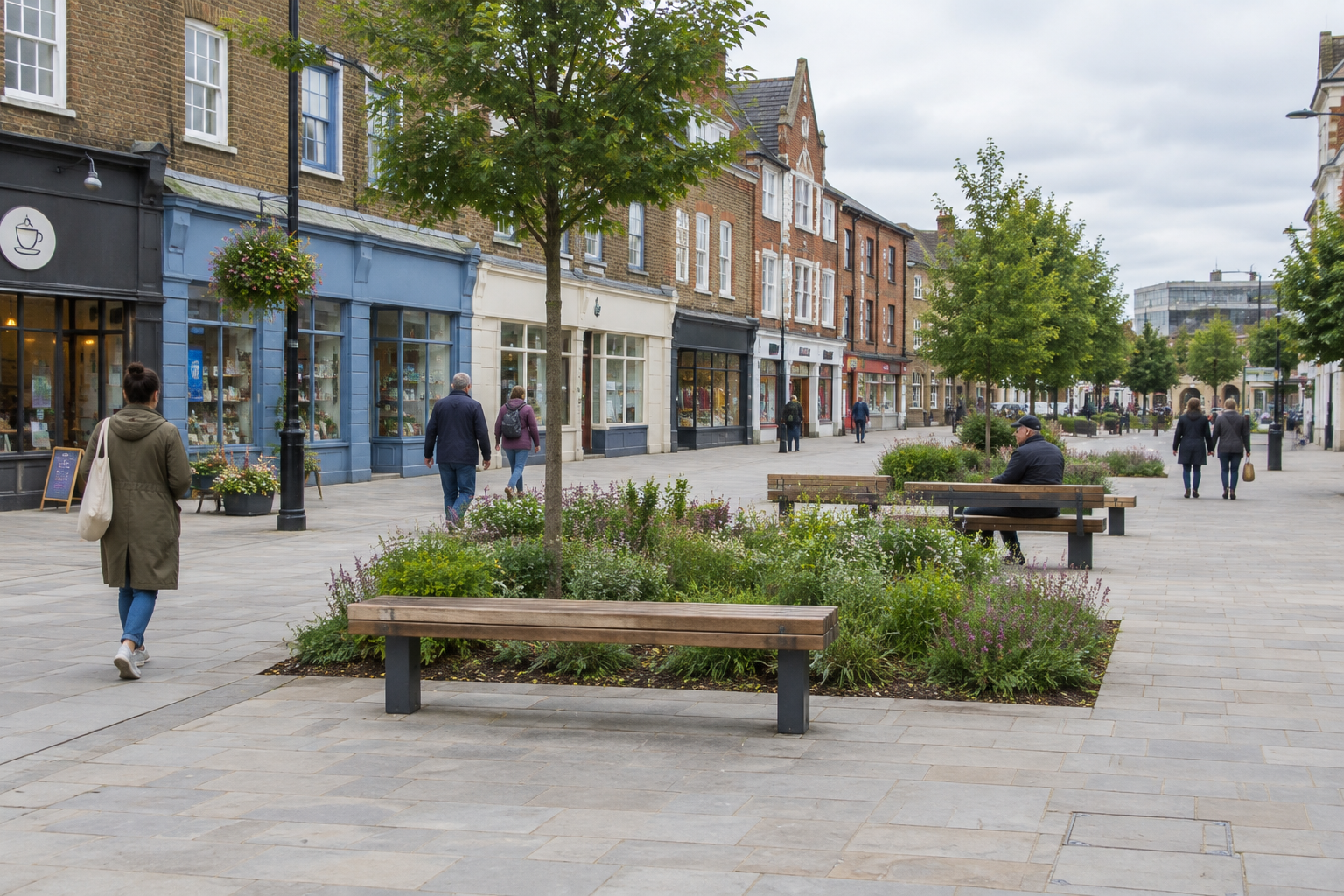 Pedestrian pocket square on Chatham High Street with new paving, benches, planting beds, and people passing local shops