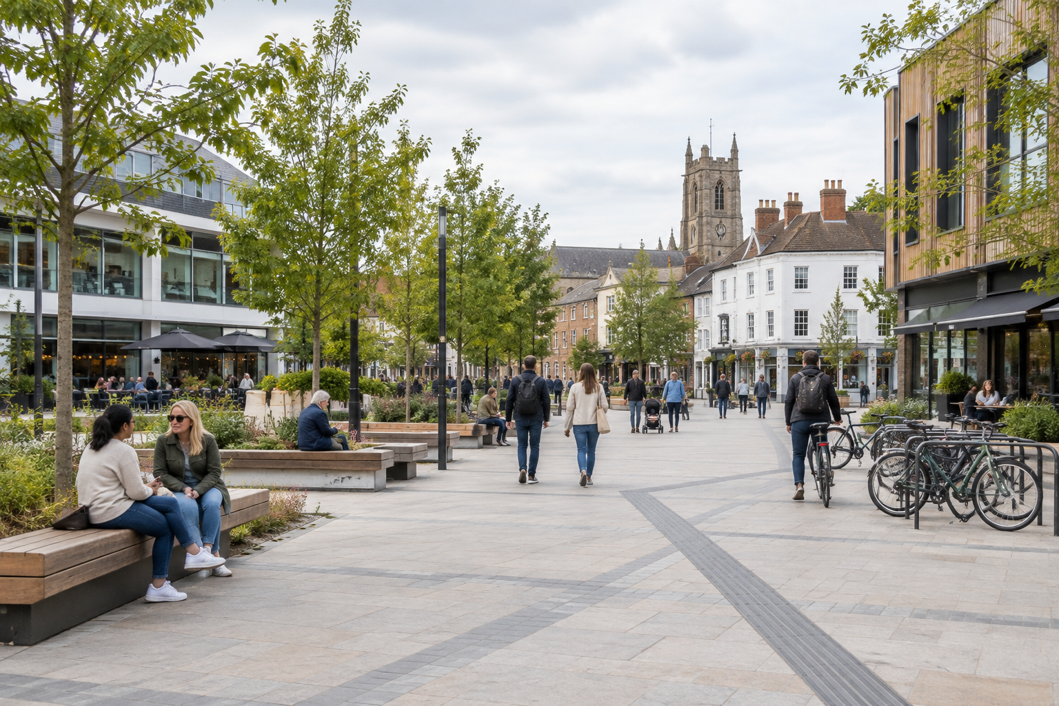 Thoughtful civic public space with pedestrians, seating, trees, and active street frontage in Kent or Medway