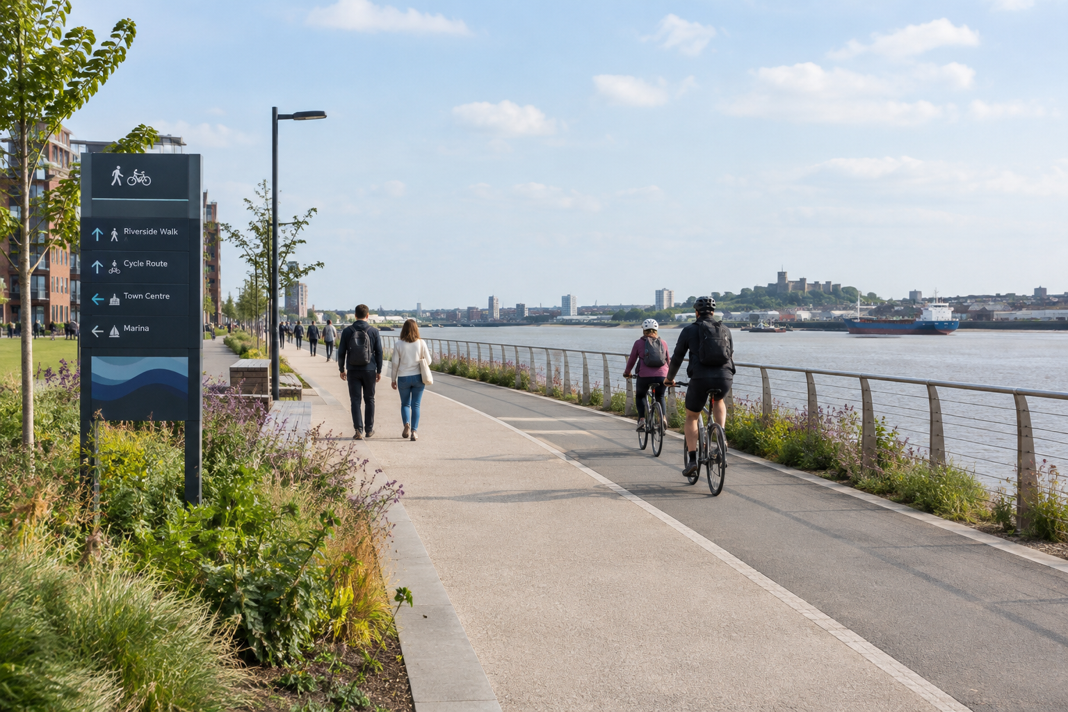 Riverside public route in Medway with widened pavement, wayfinding signposts, cycle movement, and planted edges