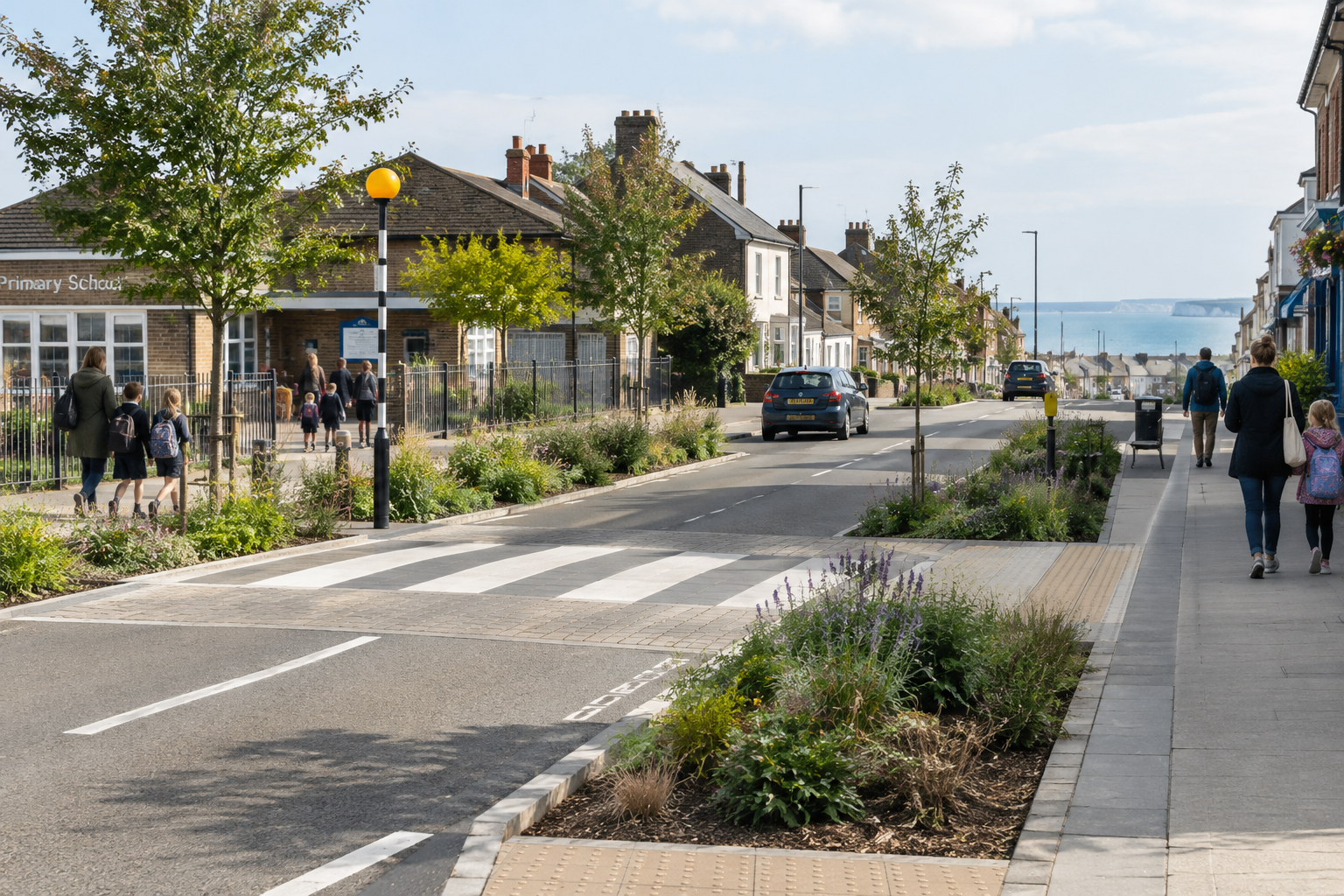Neighbourhood street in Thanet with rain-garden planting, raised crossing, and families walking near local facilities