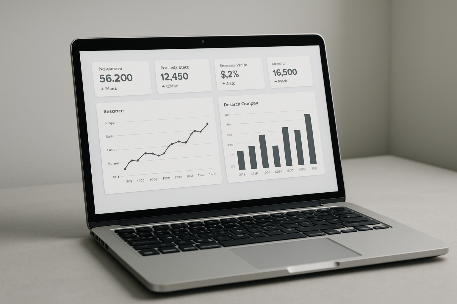 Modern analytics dashboard with clean charts, KPI cards, and trend lines on a laptop screen