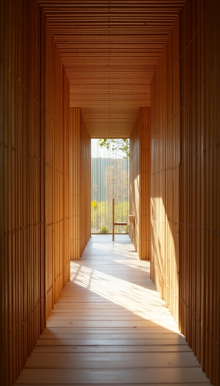 Tranquil bamboo-lined spa corridor with soft natural light