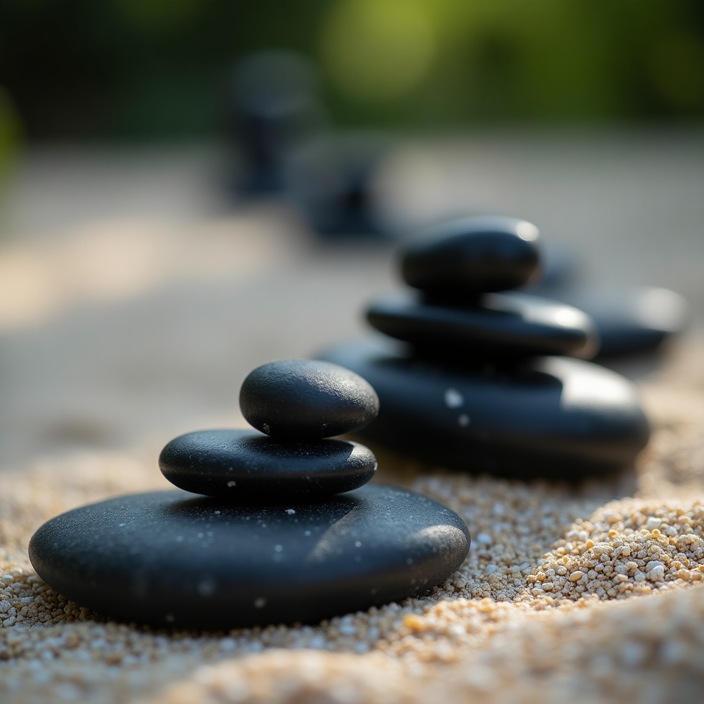 Smooth black stones artfully arranged on sand