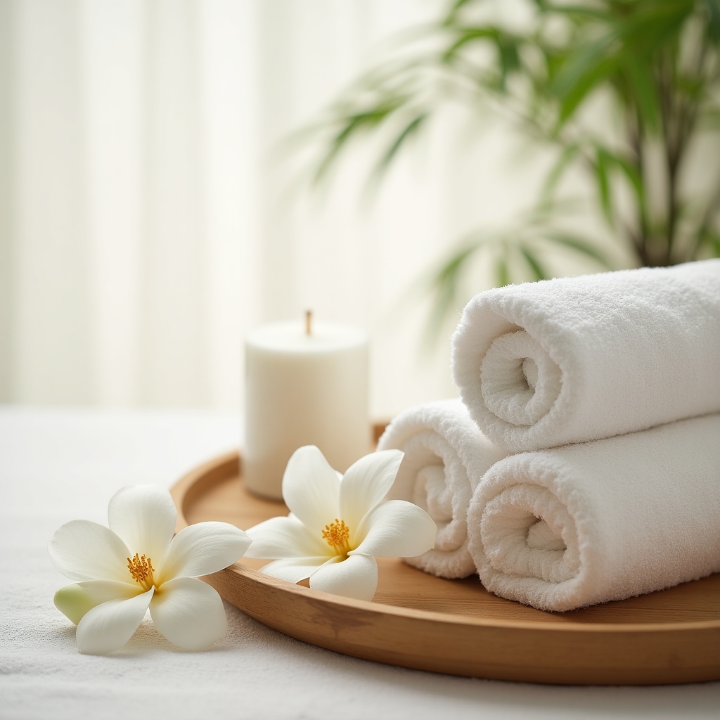 Luxury spa treatment setting with rolled towels and camellia flowers