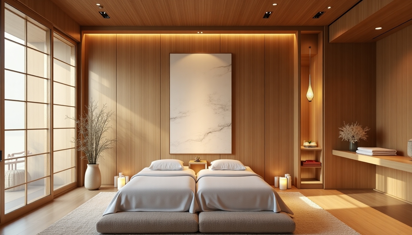 Minimal Japanese-inspired serene spa interior with wooden accents