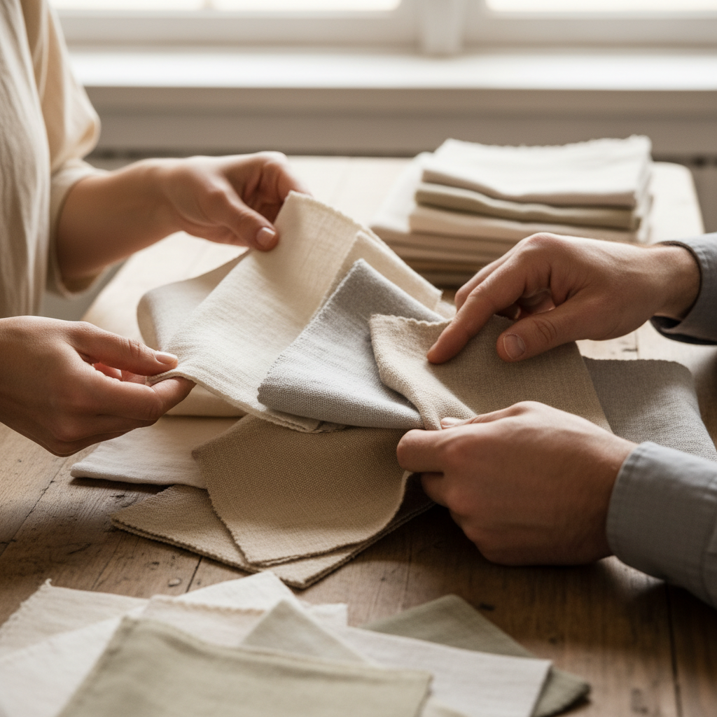 Close-up of hands selecting soft, natural fabric swatches