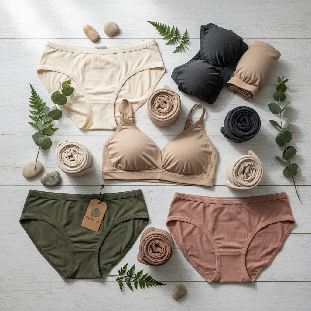 SoftNest underwear in neutral tones arranged with fresh greenery