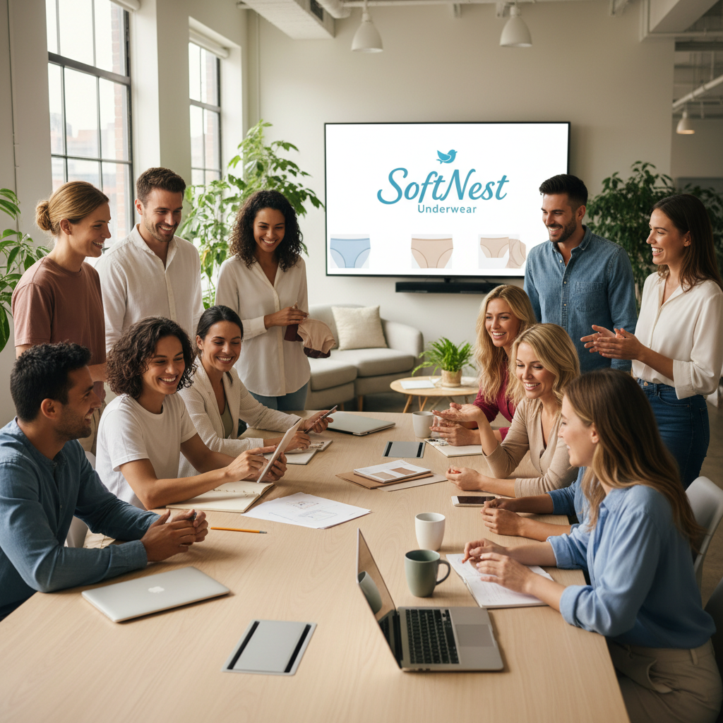 SoftNest team collaborating around a table in a bright studio