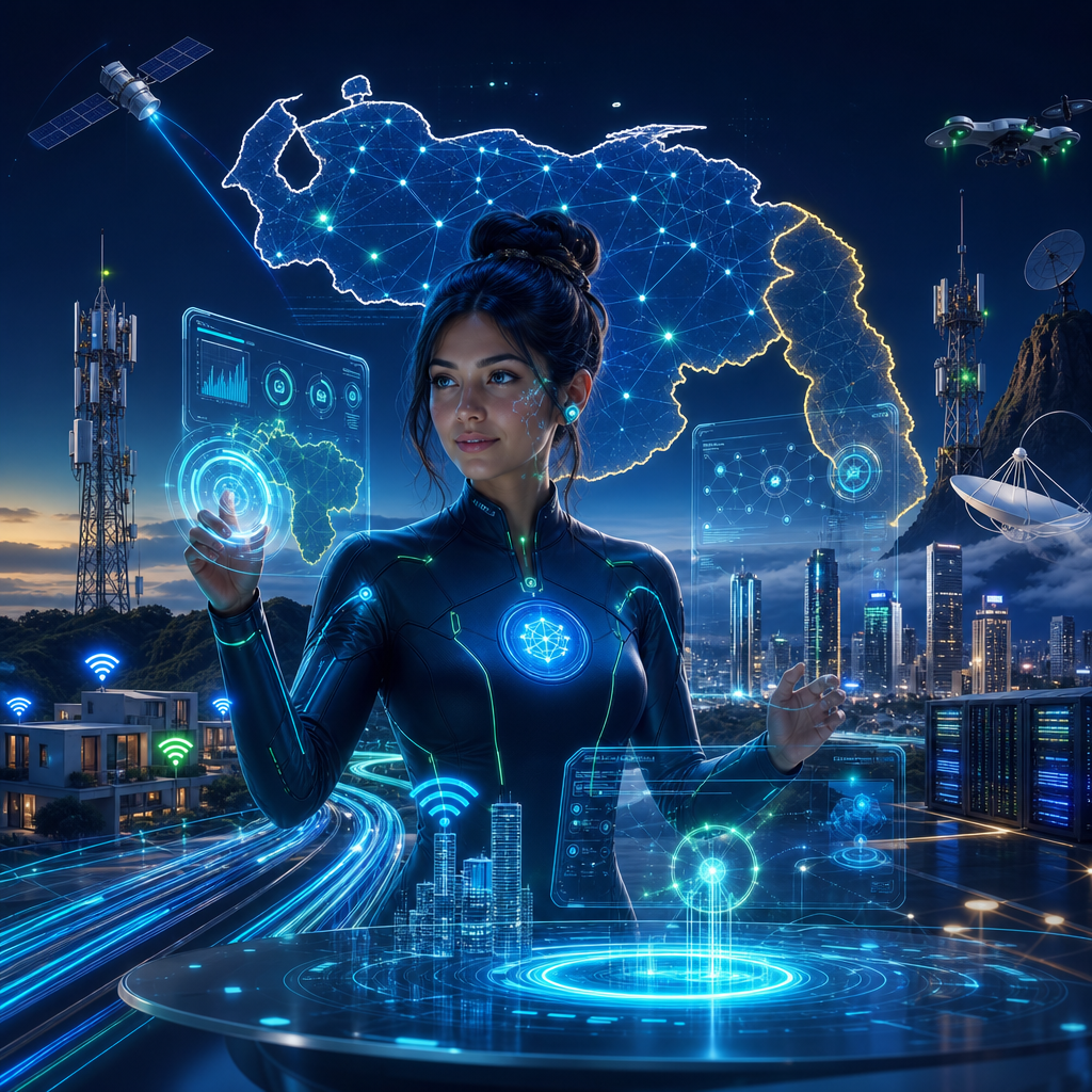 Visual de inteligencia artificial monitoreando una red de telecomunicaciones con paneles holográficos y nodos conectados