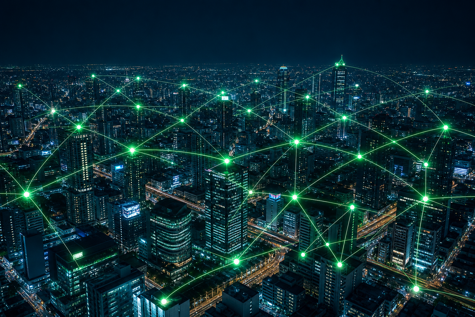 Mapa de red urbana con nodos conectados en verde eléctrico sobre una ciudad nocturna
