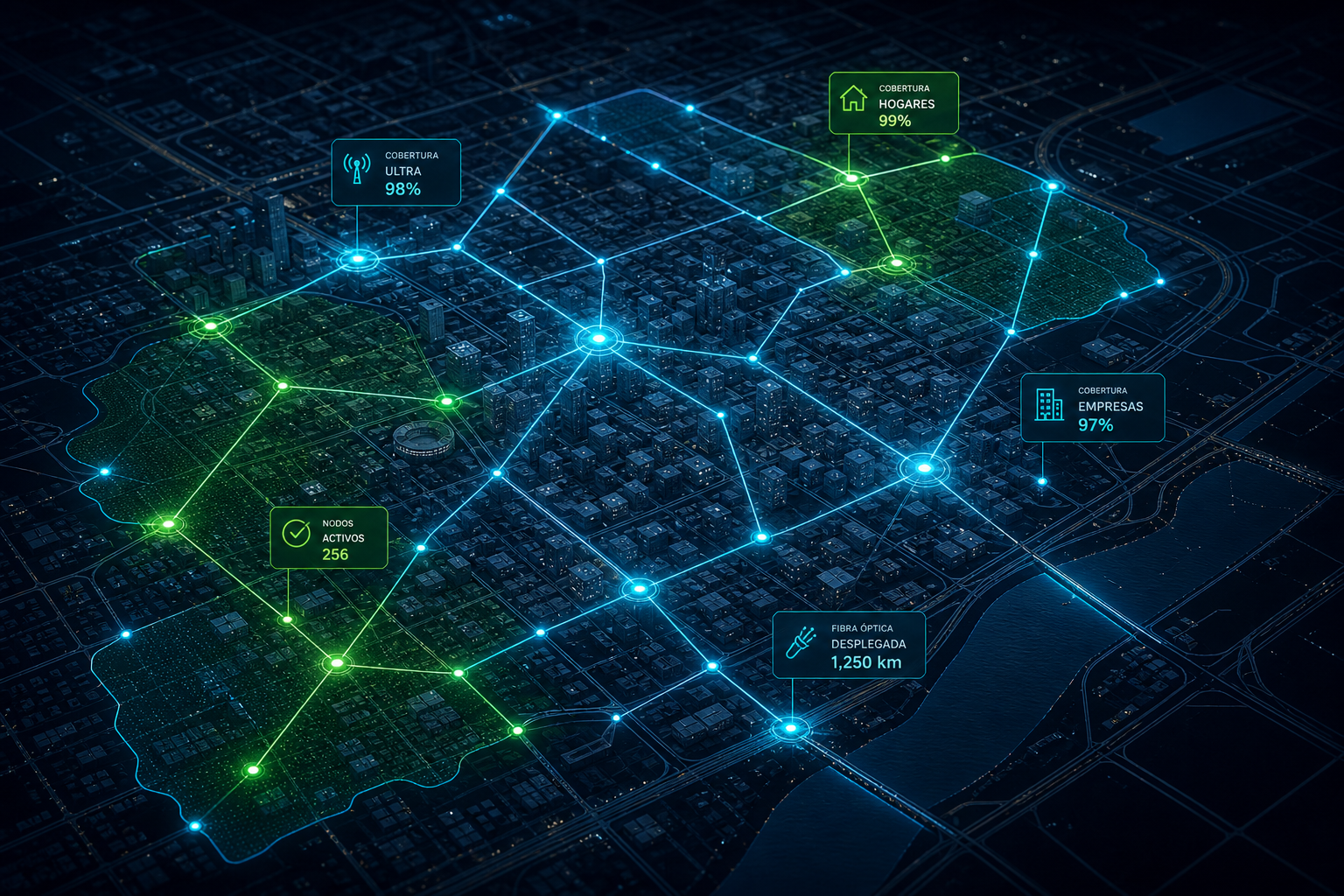 Mapa corporativo con nodos de red iluminados que muestran cobertura inteligente y análisis geográfico