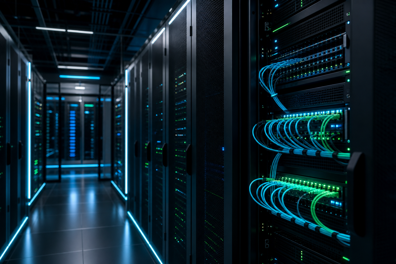 Centro de datos con racks iluminados y conexiones de fibra óptica en ambiente oscuro tecnológico