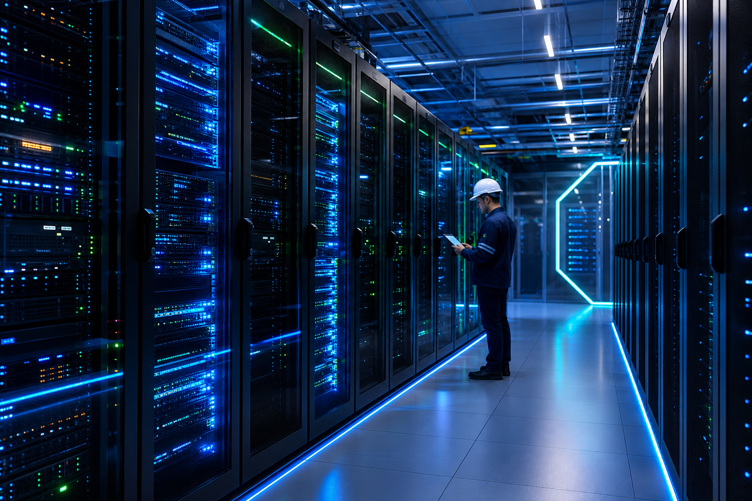 Centro de datos corporativo con racks iluminados y personal técnico