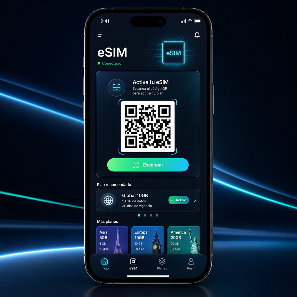 Interfaz premium de eSIM en un smartphone con módulos de activación y código QR
