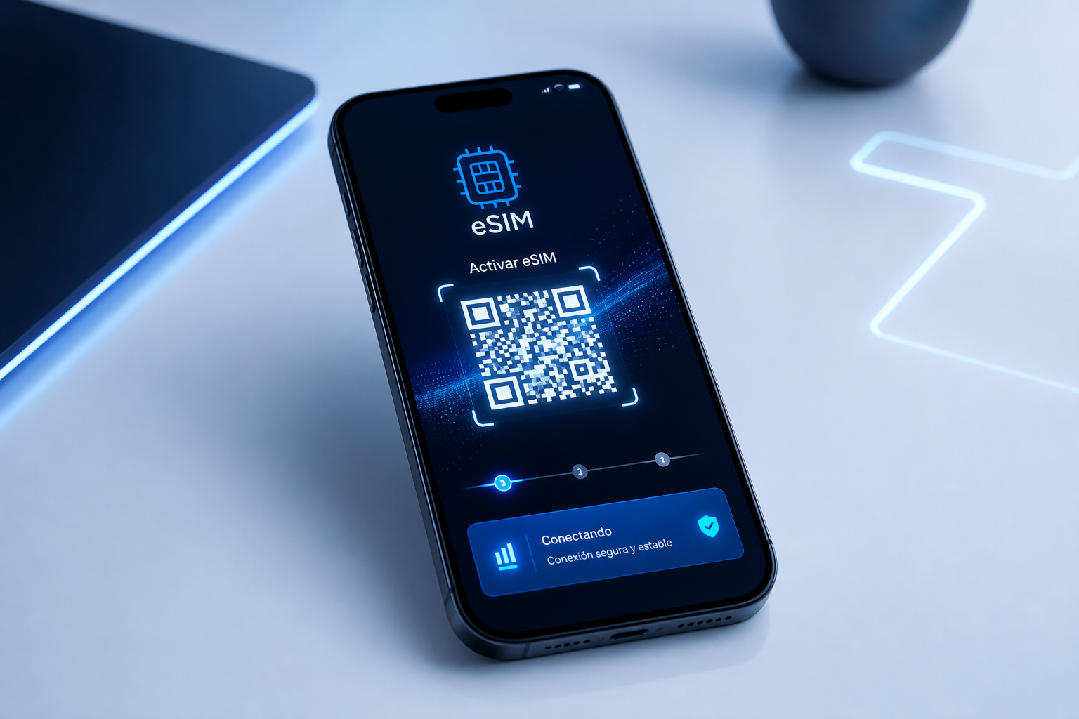 Smartphone moderno mostrando activacif3n eSIM con c
igo QR sobre una interfaz azul tecnolf3gica