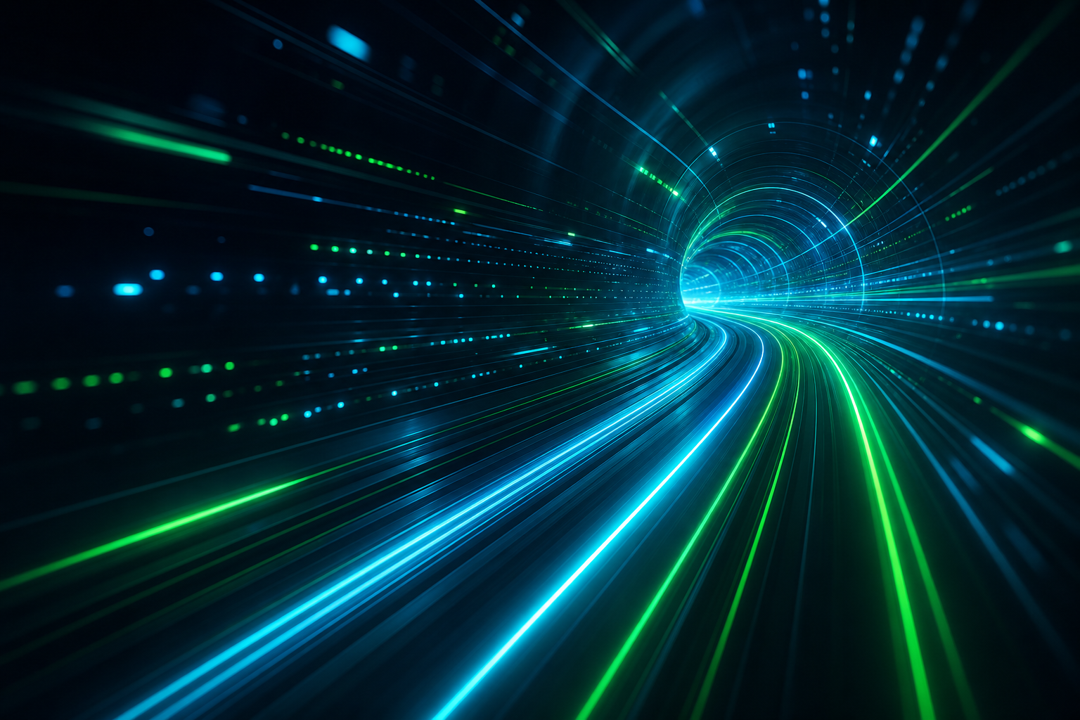 Túnel abstracto con haces de luz verde y cian representando velocidad de fibra óptica