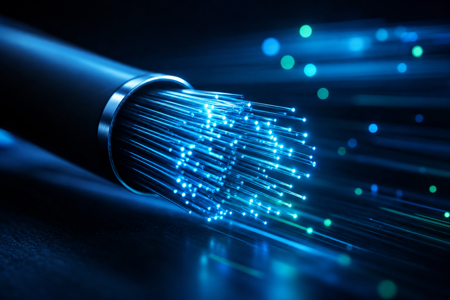 Macro de cables de fibra óptica azul con destellos cian sobre un fondo oscuro tecnológico