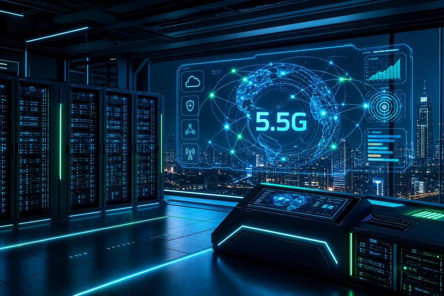 Centro de conectividad 5.5G futurista con servidores iluminados en cian y una interfaz holográfica sobre una ciudad nocturna