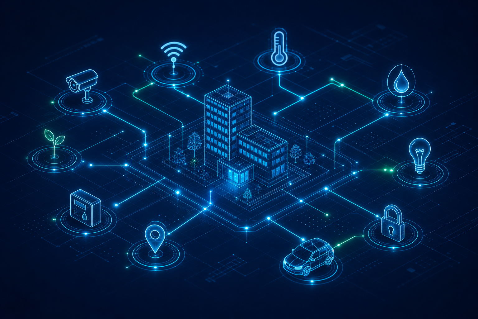 Blueprint digital con iconos de sensores IoT conectados por líneas luminosas sobre fondo azul profundo