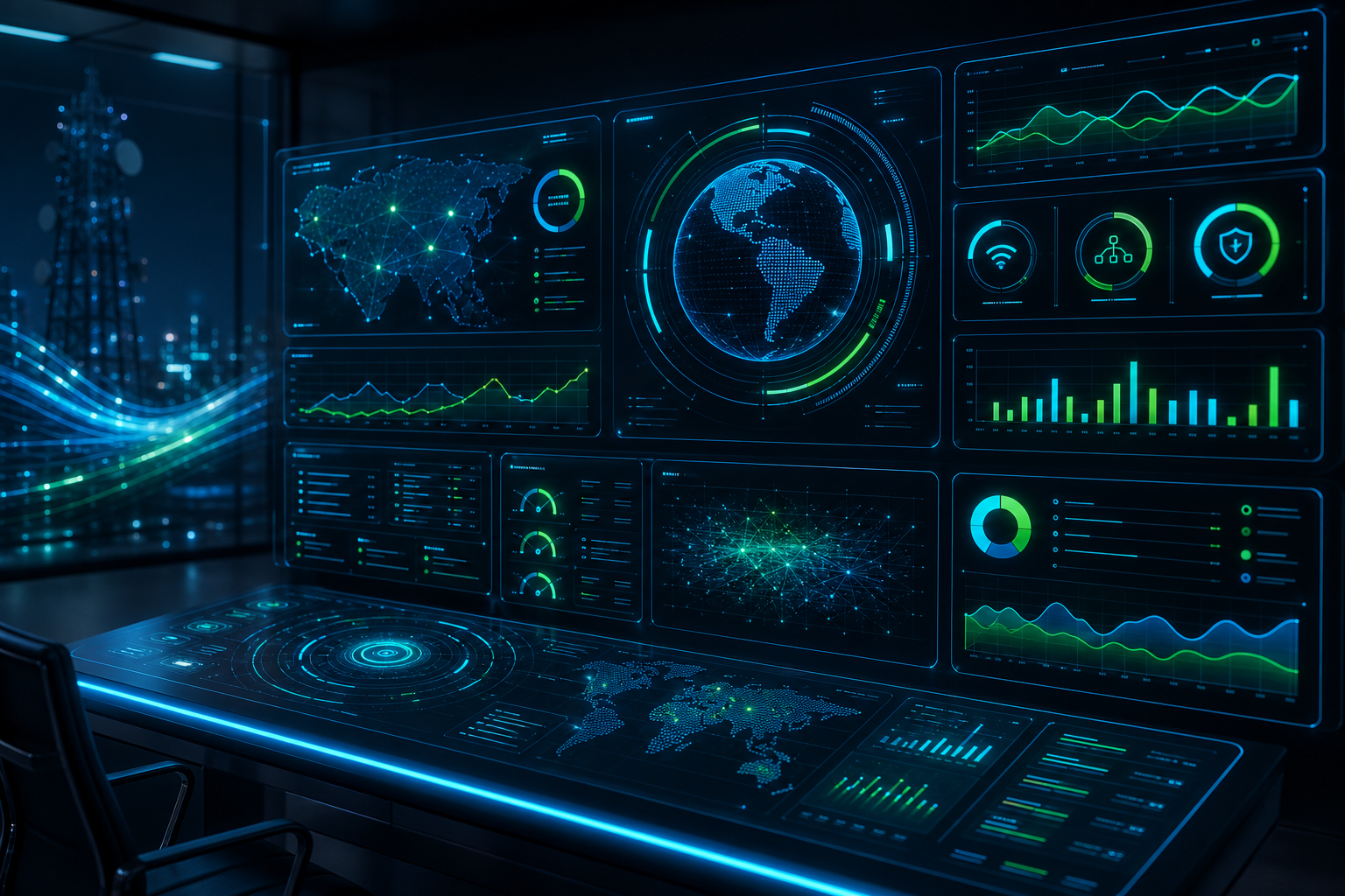 Panel de monitoreo con gráficos holográficos y indicadores en cian y verde
