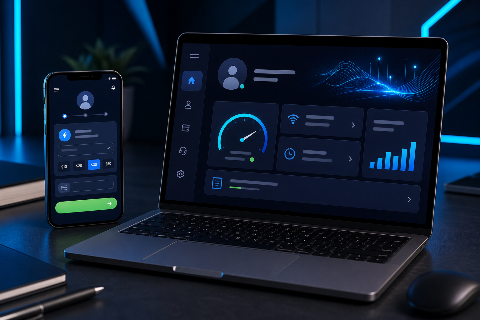 Smartphone y laptop mostrando una interfaz digital de recarga y gestión de cuenta