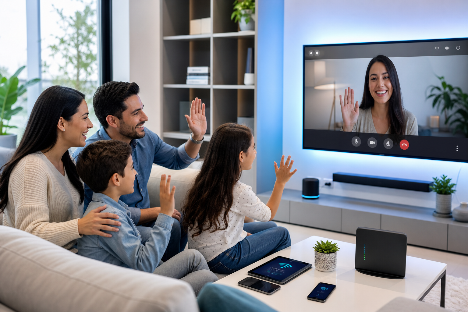 Familia disfrutando de una videollamada con internet de alta velocidad en una sala luminosa
