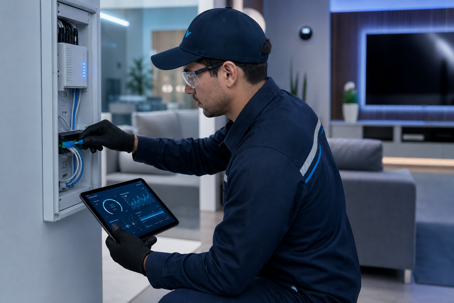 Técnico instalando fibra óptica en un hogar moderno con panel de monitoreo digital