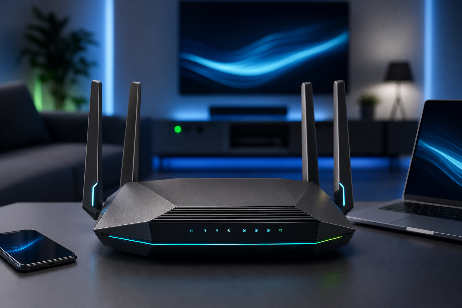Router premium con luces cian y verde conectado a dispositivos del hogar