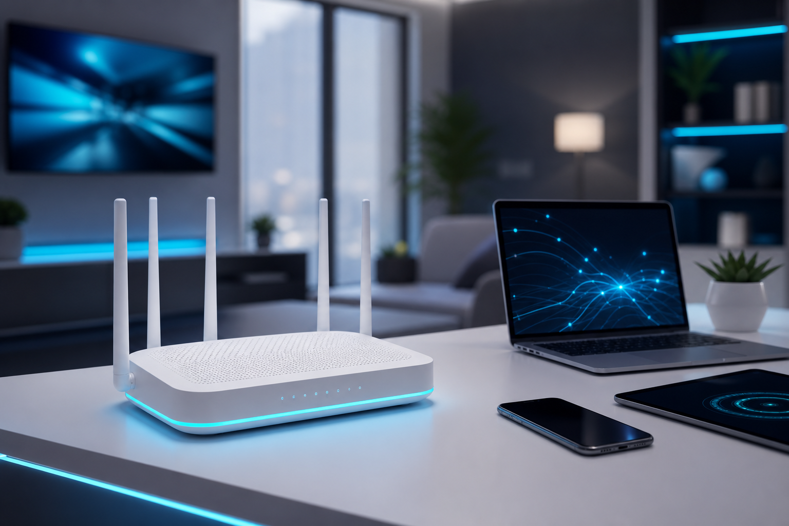 Panel tecnológico en un hogar moderno con router de fibra óptica y luces cian suaves