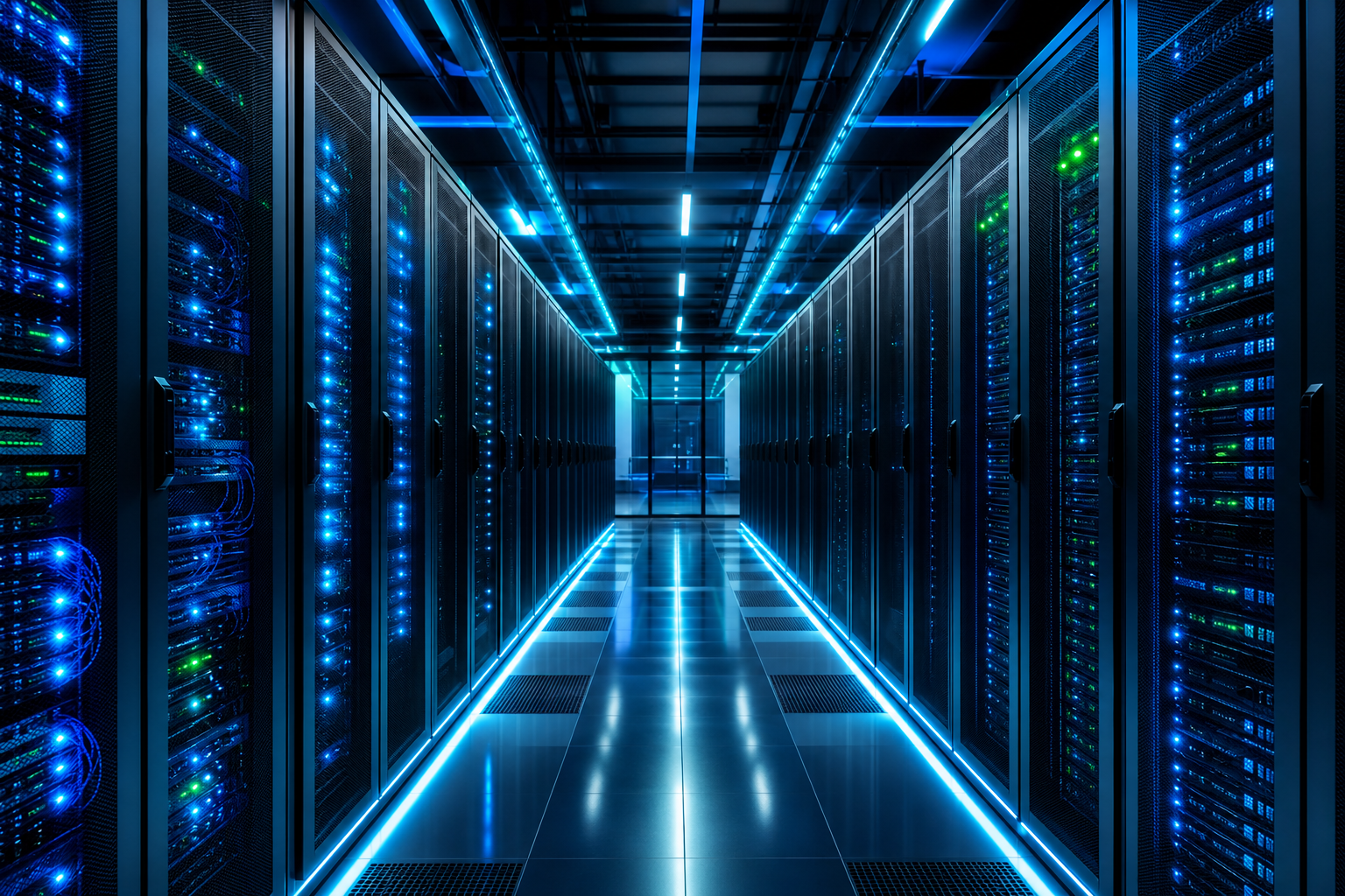 Centro de datos corporativo con racks iluminados en azul y reflejos metálicos
