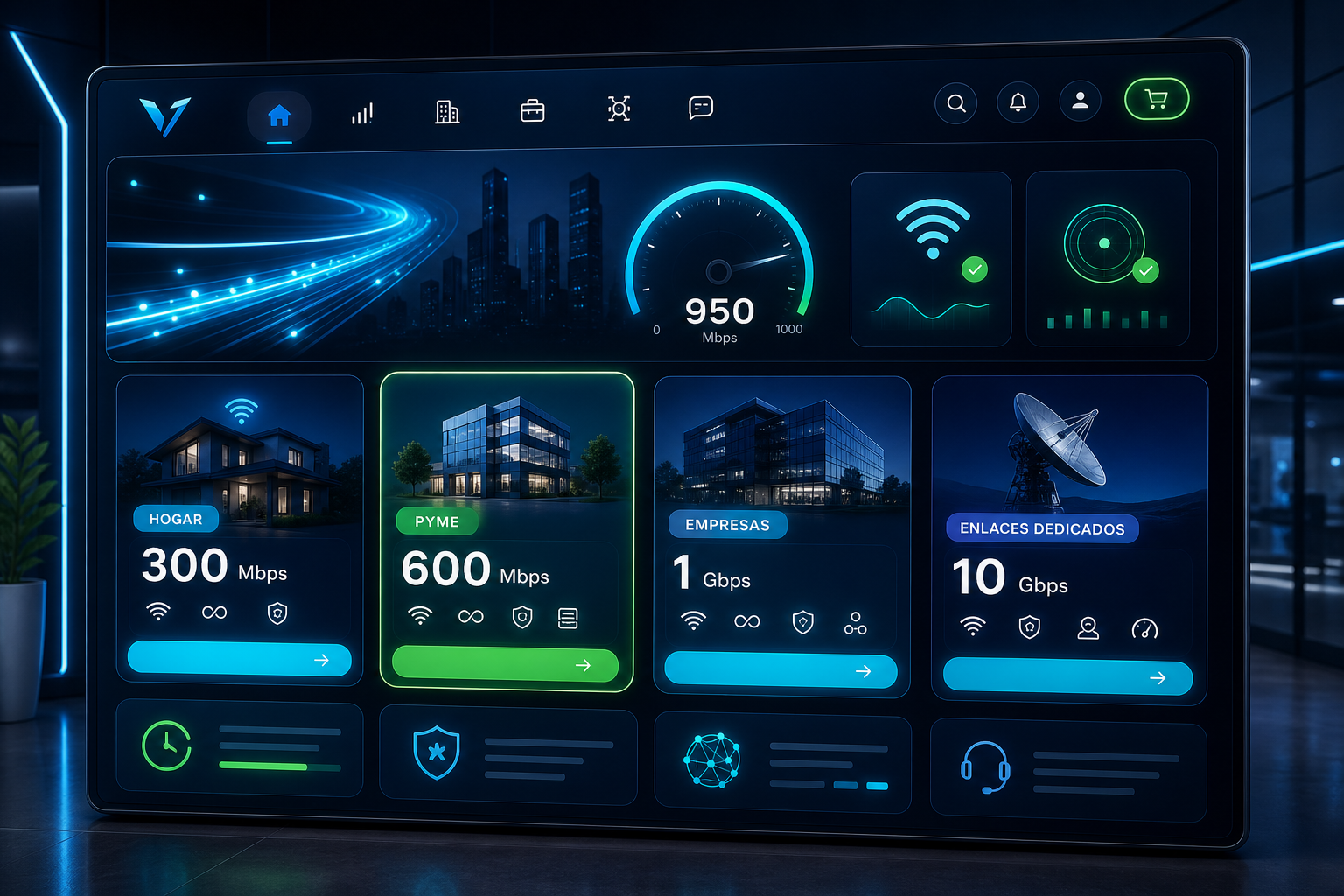 Panel digital con módulos de planes VENZATEL, indicadores de velocidad y estado de activación