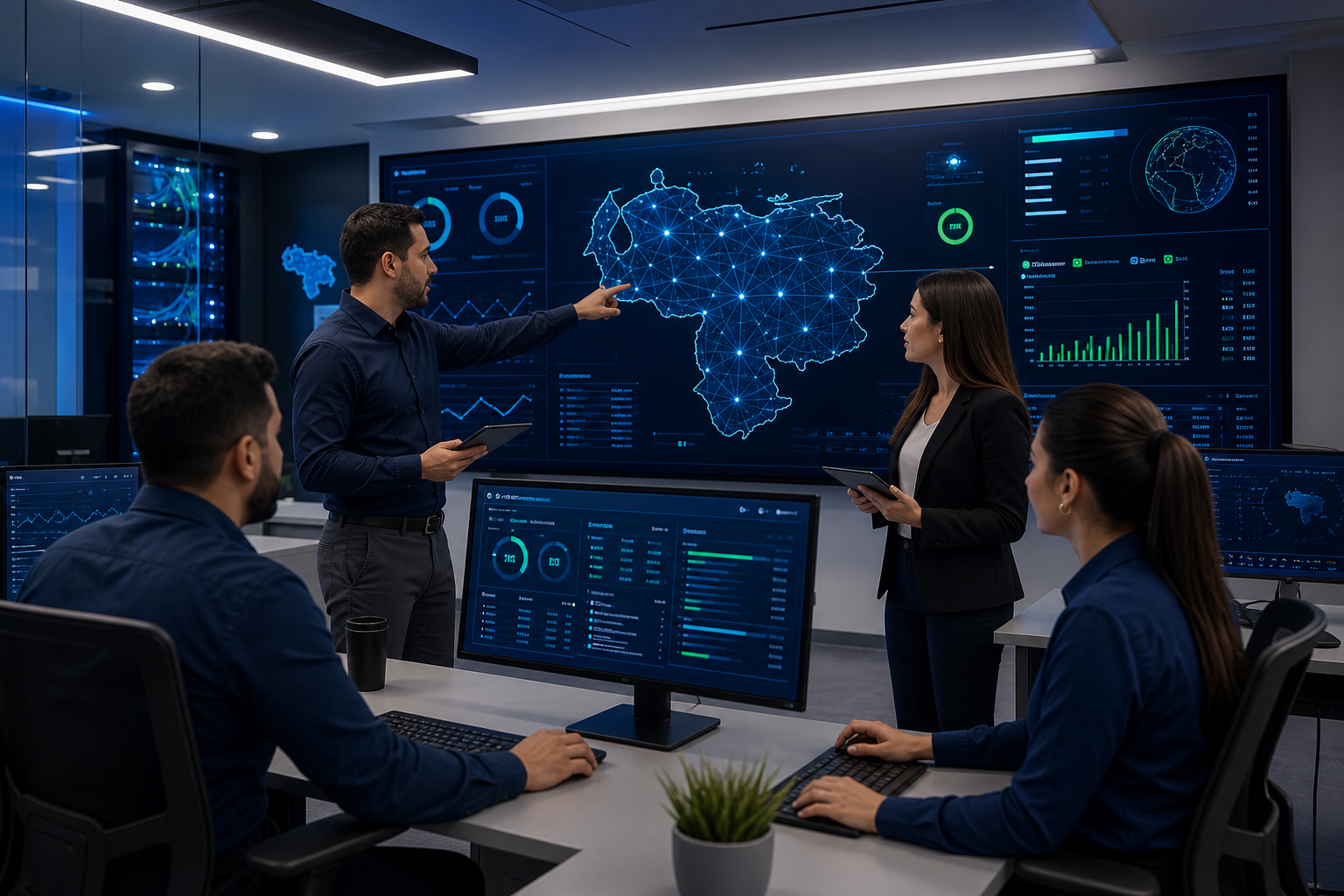 Equipo de Venzatel colaborando frente a un panel digital de red con mapas de Venezuela