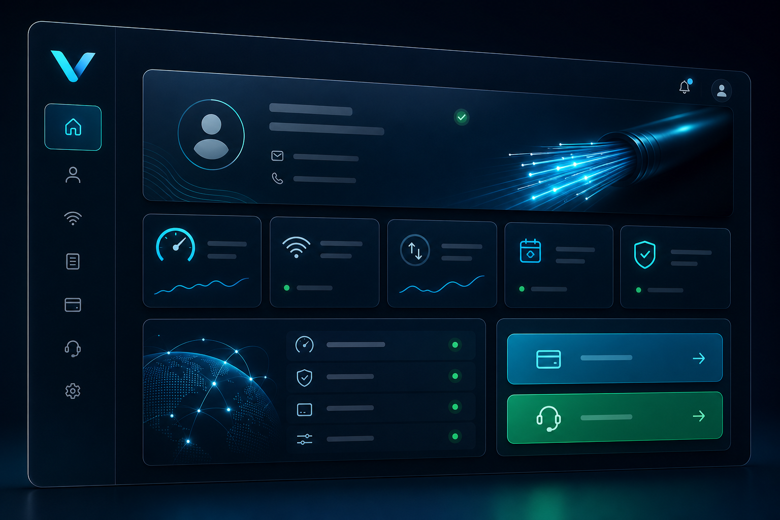 Vista de un panel digital oscuro con tarjetas de cuenta, métricas de uso y botones de gestión