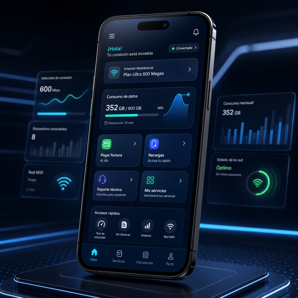 Mockup de la interfaz de Venza App mostrando consumo, facturas y recargas