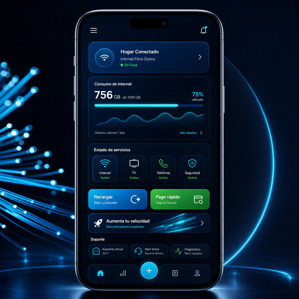 Pantalla de la app Venza con panel de métricas, consumo y botones de acción