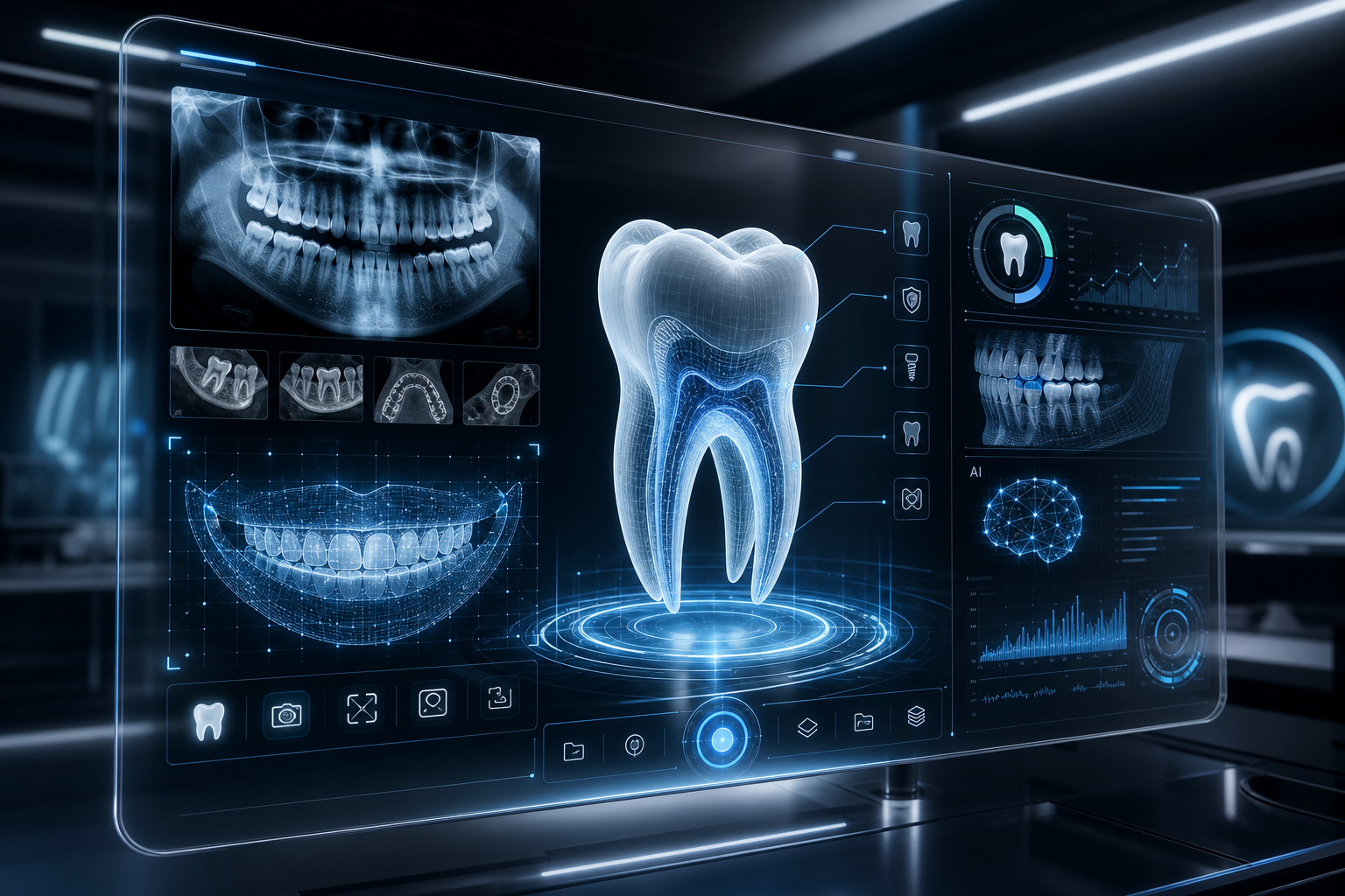 Futuristic dental imaging dashboard with a 3D smile scan, holographic tooth grid, and precision diagnostic overlays