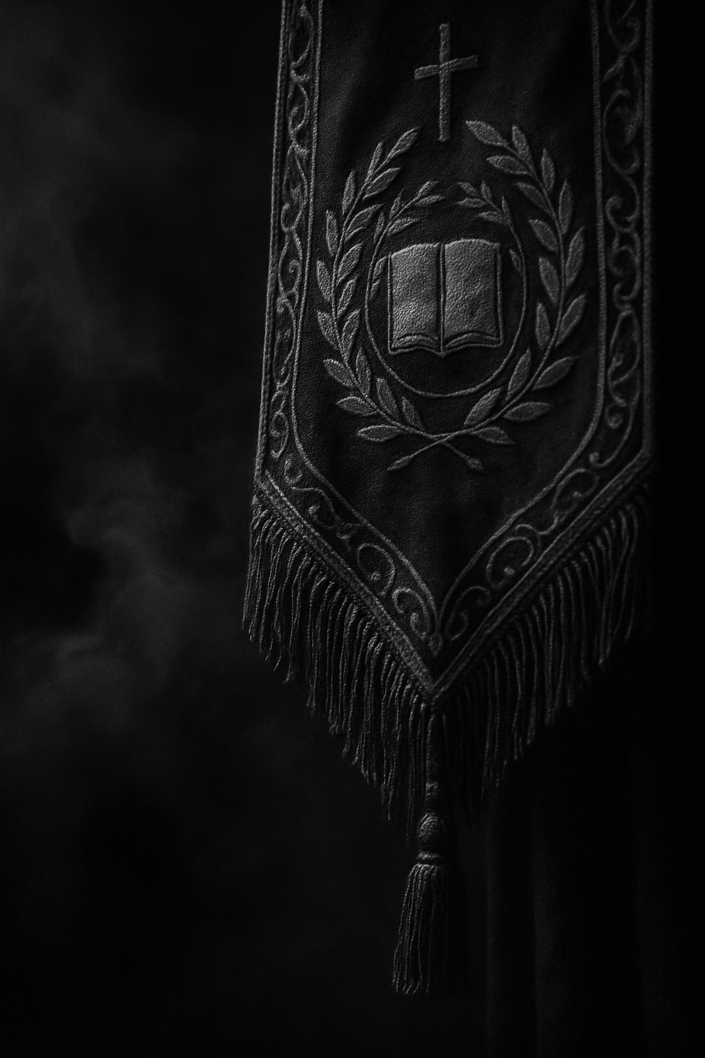 Close monochrome detail of a ceremonial banner with symbolic embroidery drifting through soft smoke