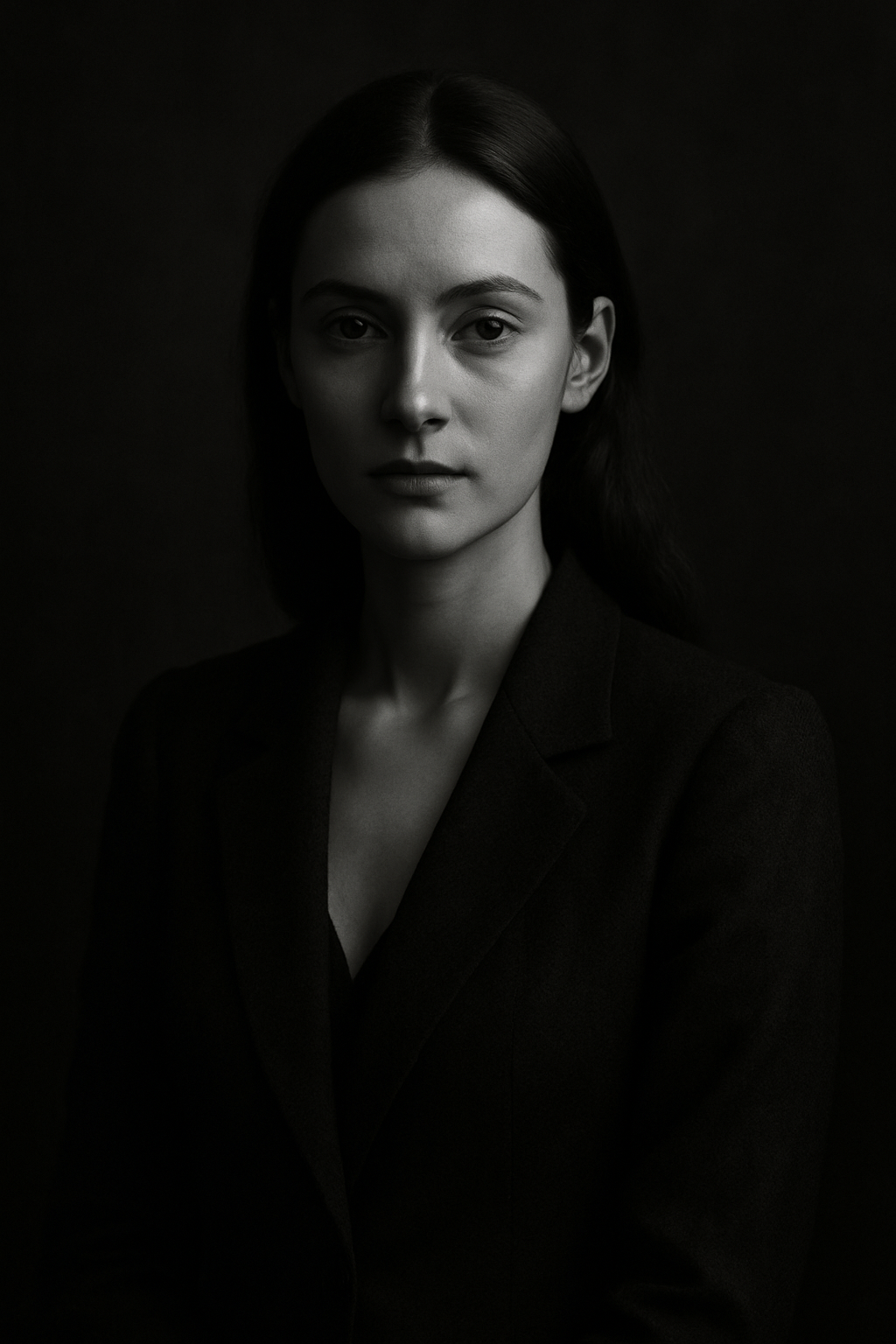 Softly lit monochrome portrait of an intelligent woman with poised gaze, formal dark attire, and romantic devotional intensity