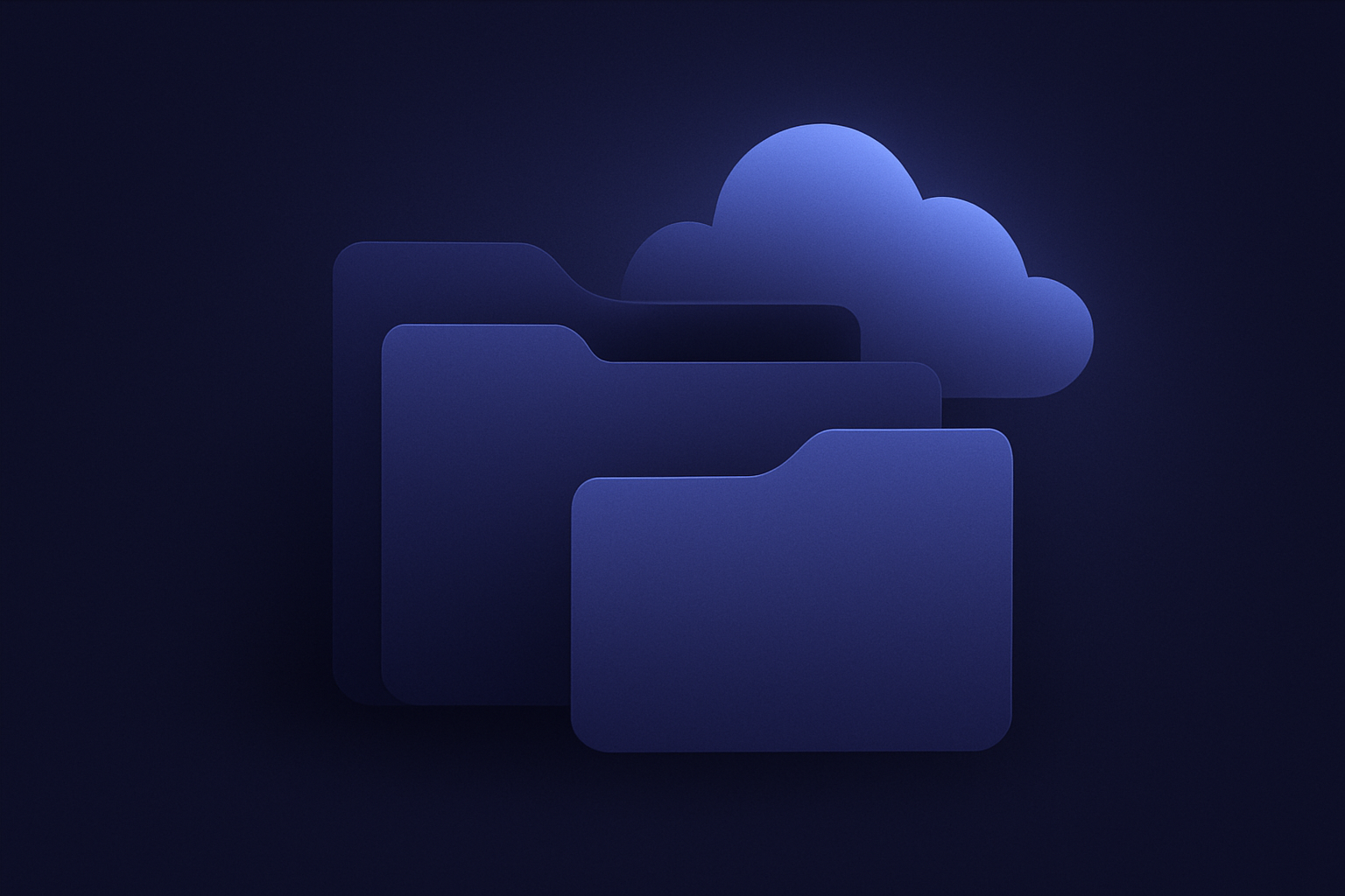 Abstract layered folders and cloud shapes in dark indigo tones with soft glow