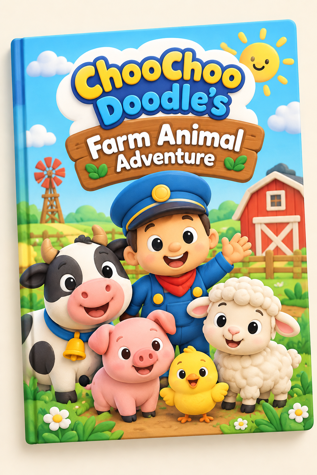 3D-style cover mockup of ChooChoo Doodle's Farm Animal Adventure coloring book with a smiling little train and friendly farm animals