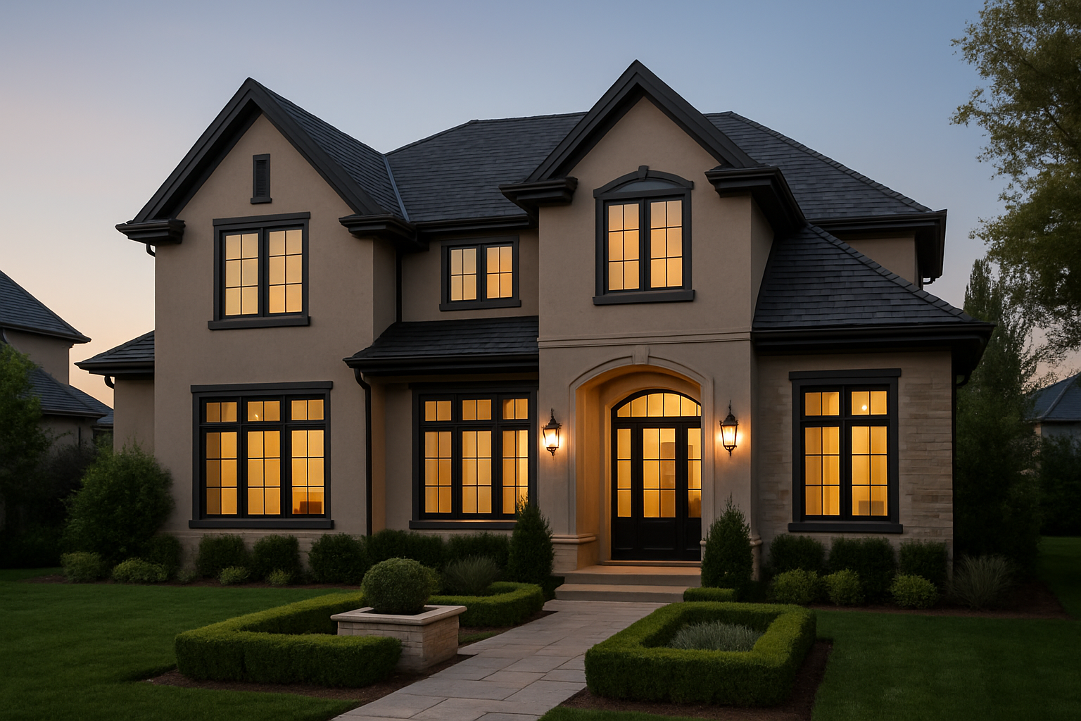 Luxurious townhome with dark trim, stone walkway, and courtyard garden near the Snake River Canyon